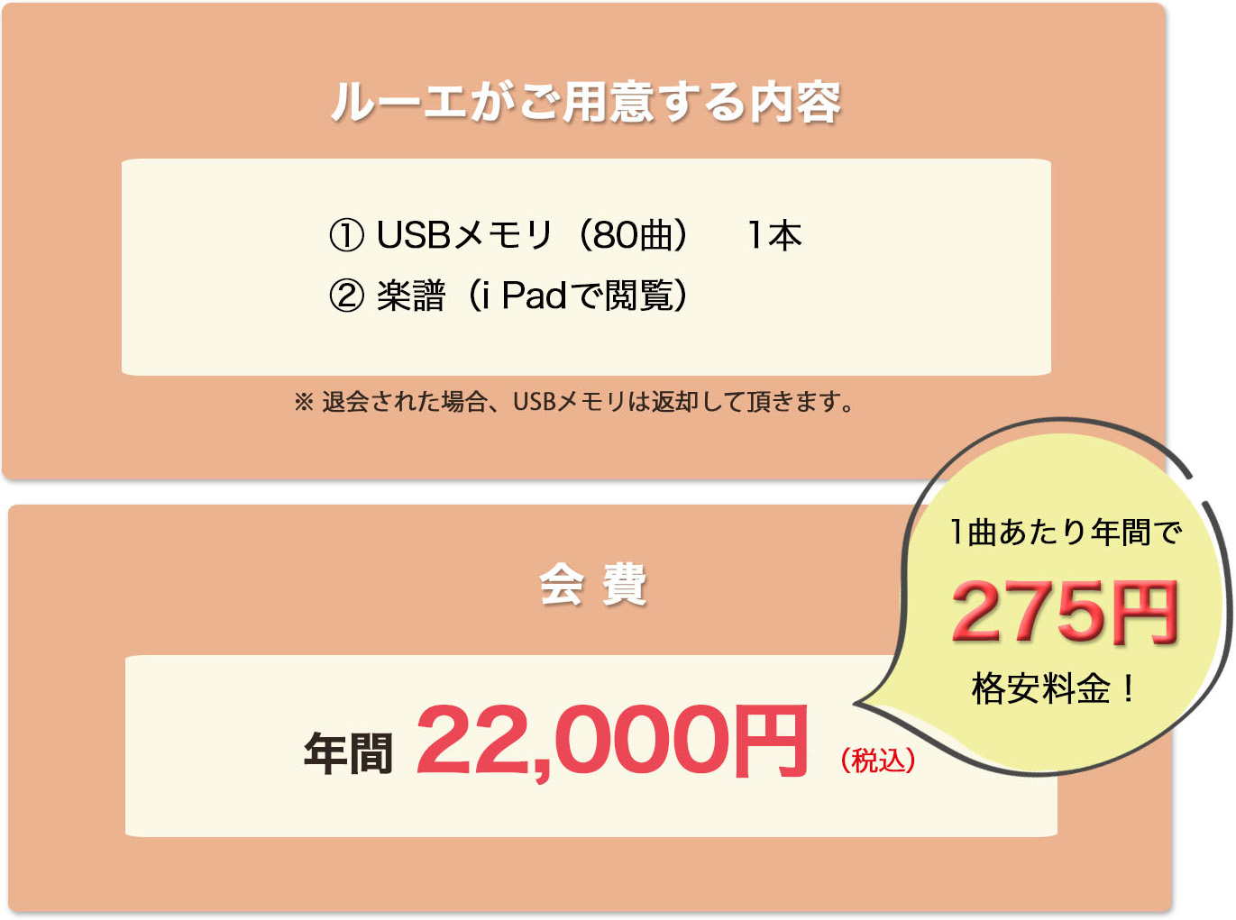 ルーエがご用意する内容 @ USBメモリ(80曲)1本 A 楽譜(iPadで閲覧) 会費 年間22,000円(税込) ルーエがご用意する内容 @ USBメモリ(80曲)1本 A 楽譜(iPadで閲覧) 会費 年間22,000円(税込)